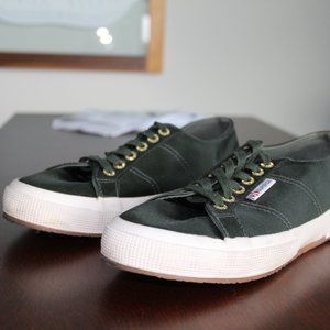 Green Satin Superga Sneakers, Gold Detailing